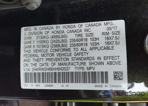 2017 Honda Cr-V Ex-L/Ex-L Navi from USA, damaged, VIN 2HKRW2H86HH642037